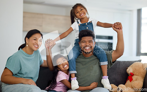 Image of Relax, portrait and happy family in New Zealand love to enjoy the weekend, quality time and having fun together. Happiness, children and sisters smiling with a proud mom and playful father at home