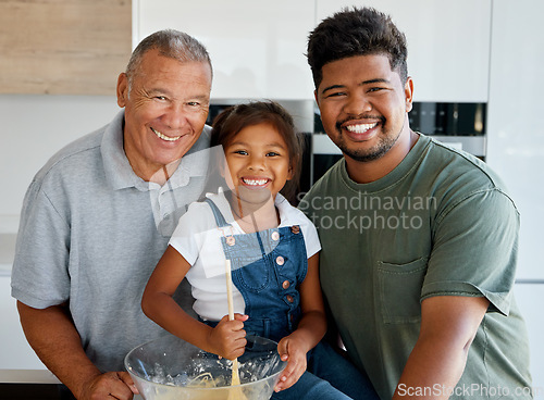 Image of Family baking, food portrait and girl cooking with grandparent and father, happy in the kitchen together and preparing lunch with love in house. Child, dad and elderly person with smile making dinner