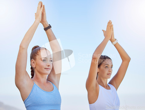 Image of Women, yoga and meditation in nature for relax workout, training and exercise for mental health. Zen friends, peace or chakra fitness people in pilates sports for holistic wellness energy and mindset