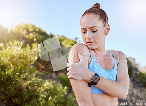 Image of Sports woman, runner and shoulder pain from workout training or fitness cardio accident outdoor. Healthy injured girl athlete with running body injury exercise mistake need arm emergency medical help