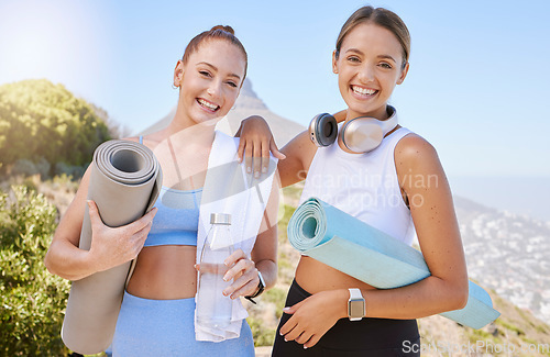 Image of Outdoor fitness, yoga and women friends with workout motivation and training gear for wellness, healthy lifestyle in lens flare. Modern sports people portrait for cardio or pilates exercise in nature