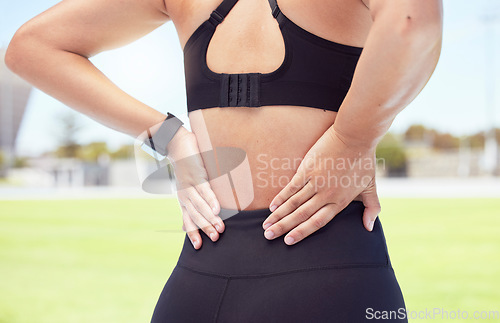 Image of Fitness woman back pain, sports injury and muscle problem from training, workout and exercise. Closeup sports athlete, spine and body fracture for cardio accident, emergency health risk and scoliosis