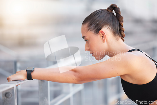 Image of Workout relax, thinking sports and woman with fitness idea, training for motivation and running in the city for cardio. Athlete runner doing exercise for health and rest after sport race at stadium