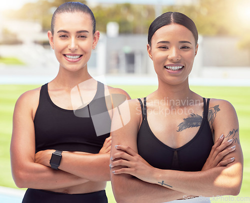 Image of Personal trainer, fitness or sports coach at running field ready for training, exercise and workout with motivation smile. Friends, health and happy girl with wellness, vision and mission mindset