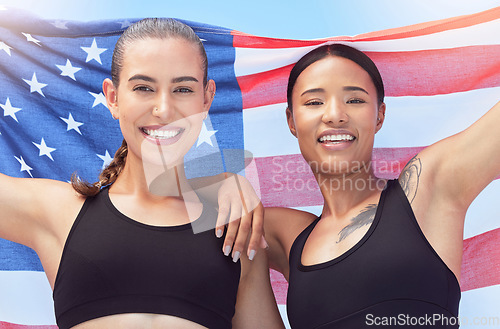 Image of American flag, women and athlete portrait smile, freedom and justice patriotic symbol for female athletes. Teamwork, collaboration and sports girls with flag for global competition contest.