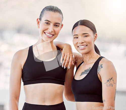 Image of Portrait of sports women relax before fitness, exercise and training workout for marathon run, cardio or athletics. Runner, girl friends or team smile before running for body wellness or health goals