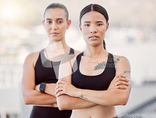 Image of Fitness women, accountability friends and exercise outside with training partner or runners outside for cardio workout. Portrait of serious active girls out running for health, wellness and fit body