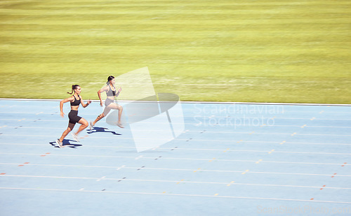 Image of Mockup space, runner and woman exercise, training and running on track for race. Health, female athletes and runners workout, sprinting and competing on race course, field and arena in sportswear.