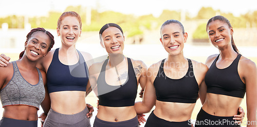 Image of Fitness, portrait and happy running team on a runners racetrack for training, exercise and group workout as friends. Smile, Diversity and healthy girls with of slim, strong and athletic sports body