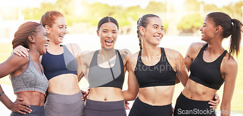 Image of Sports, fitness and exercise with woman friends laughing and joking after a workout or training outdoor. Health, wellness and motivation with a female group getting health and strong together outside