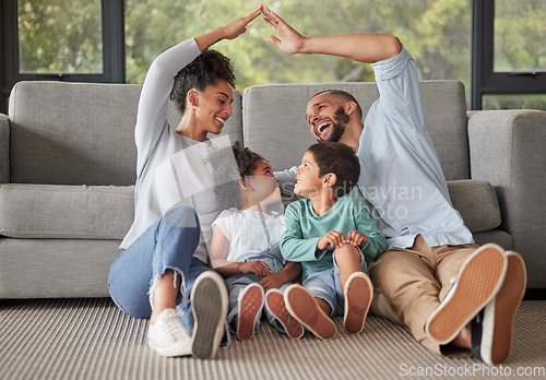 Image of Family, children and insurance with a mother and father covering their kids with a roof for safety, care and trust. House, parents and love with a girl and boy being protected by mom and dad at home