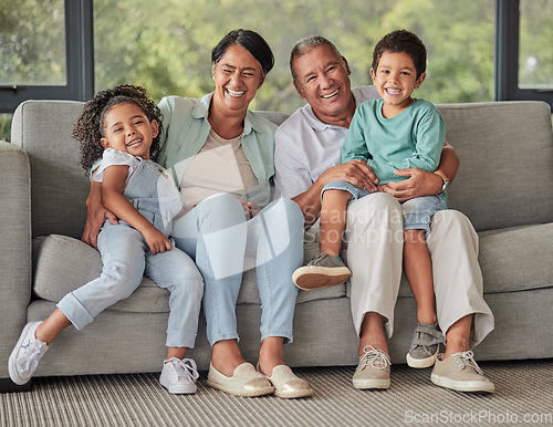 Image of Laughing grandparents, children and bonding on sofa in Brazil house or home living room in trust, security or safety. Family portrait, smile or comic kids with retirement senior man and woman support