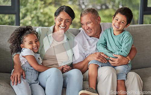 Image of Portrait of happy family love, grandparents and kids bonding, relax on living room sofa and enjoy quality time together. Happiness, peace and Malaysia man and woman babysitting grandkids or children