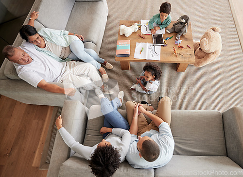 Image of Big family, talking and bonding during visit and sitting on sofa in lounge with children, parents and grandparents. Love, happiness and guest or multi generation people together to relax and have fun