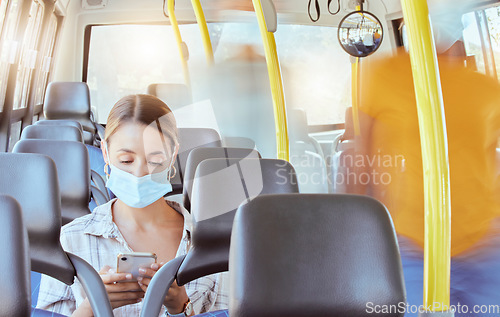 Image of Bus travel, covid woman and phone typing for social media, reading notification and 5g online mobile tech in transport journey. Young girl face mask rules, corona virus safety and smartphone on train