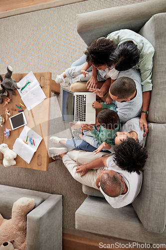 Image of Family, children and video call with kids, parents and grandparents using a laptop on the sofa at home. Communication, wave and internet with a girl, boy and relatives in a living room from above