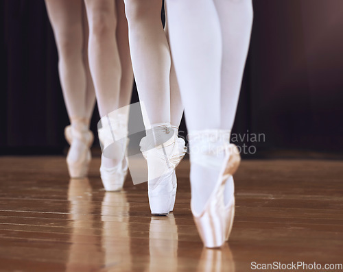 Image of Ballet, fitness dancer and woman on theatre stage for dance workout, exercise and training creative art. Partnership, teamwork and zoom sport girl legs or ballerina women working together on concert.