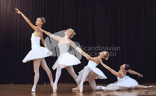 Image of Ballet, dancing and group stage performance at an art theatre with creative movement. Dancers, flexible and young women ballerinas dance elegantly together performing swan lake play in costumes