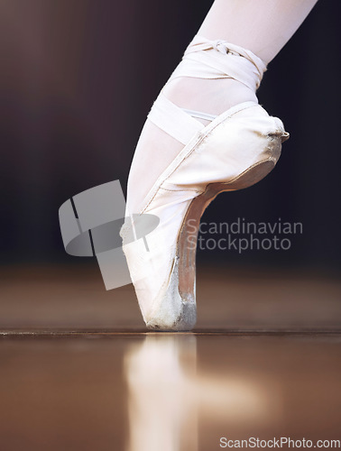 Image of Ballet shoes and dance woman floor balance with flexible motion fitness footwear close up. Professional ballerina athlete training for performance with satin sport pumps for free movement.