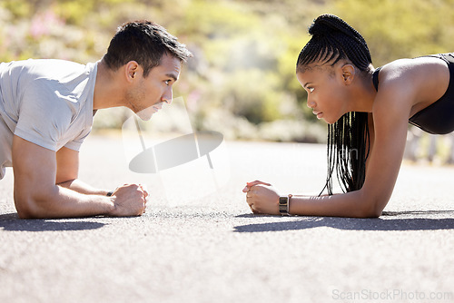 Image of Fitness, workout and challenge exercise of couple training cardio in a street together. Focus, motivation and teamwork or collaboration of a healthy sport athlete and coach on a road