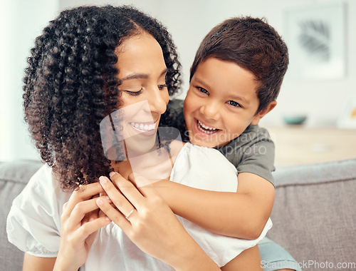 Image of Happy kid hug mom for mothers day, love and care while relaxing together on sofa lounge at home. Boy child playing with smile parent for happiness while bonding, enjoying quality time and fun