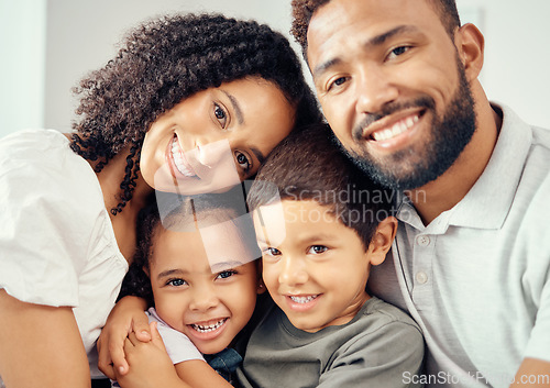 Image of Portrait, selfie and happy family bonding, sharing a caring moment and posing for a picture while hug on a sofa at home. Adoption, care and foster child smiling and feeling loved by foster parents