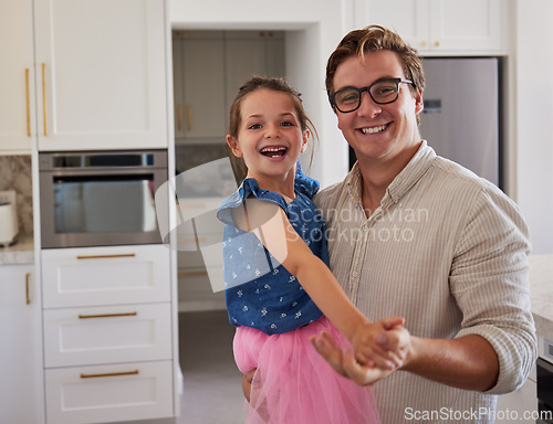 Image of Happy family, dance and portrait of father and daughter dancing, bonding and laugh while playing in living room together. Love, fun and relax by girl and parent enjoying playful, silly time in home