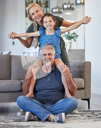 Image of Mother, girl or grandfather in fun family portrait in house living room or home interior and bonding in playful game. Smile, happy or trust man and woman with children or kids on floor by lounge sofa