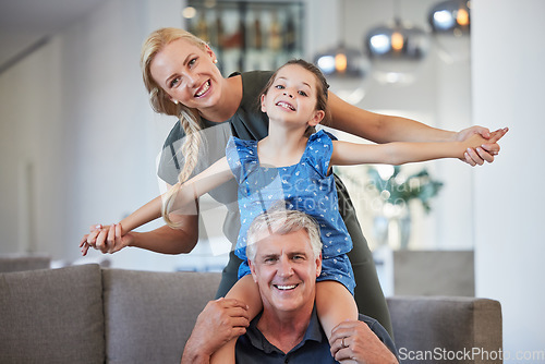 Image of Happy senior grandfather on couch in home together on sofa with adult daughter and grandchild in retirement and love. Portrait of woman play and smile with kid, father and girl relax in living room
