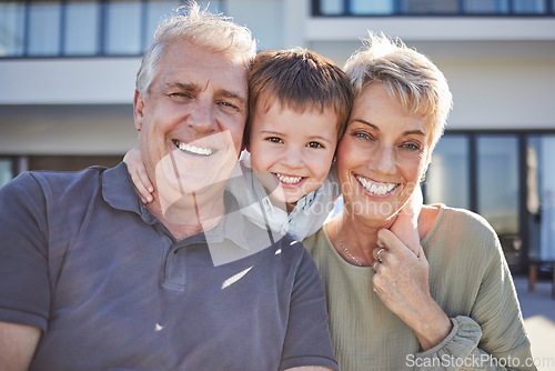 Image of Portrait happy child and grandparents together outdoor with smile, love and bonding with as a family. Senior man and woman having fun, happiness and joy with cute boy or kid on a weekend in backyard