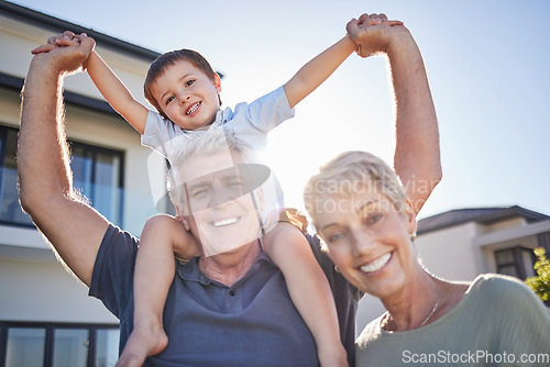 Image of Happy grandparents, smile with child outside home and relax in retirement. Senior man, elderly woman and boy play in garden sun love time together. Kid on holiday, laughs and create childhood memory