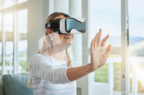 Image of Futuristic woman with VR headset and digital ai with her hands. Young female with virtual reality goggles app, playing an interactive 360 3D simulation game and experience the metaverse technology