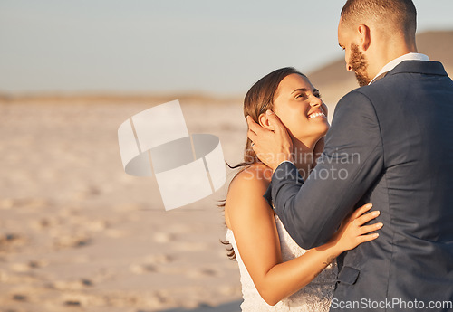 Image of Love, wedding and bride and groom embrace in celebration of marriage at outdoor venue. Nature, field and couple looking happy and smiling, hug and enjoy relationship with romantic affection and care