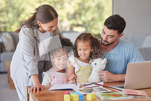 Image of Family, children and education with a mother and father teaching their girl kids in the living room while doing homework. Study, learning and book with parents helping their daughter at home