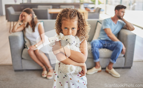 Image of Sad girl, fighting parents thinking of divorce in living room and child scared family will separate. Depressed toxic home worry kid with support needs, upset mother and frustrated father in argument