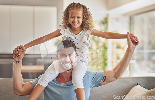 Image of Children, family and girl with a father and his adopted daughter together on a sofa in the living room at home. Kids, happy and smile with a single foster parent and cute female kid in the house