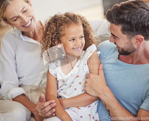 Image of Happy family on sofa, smile together in living room and funny dad joke in Madrid home apartment. Child laughing at comic white father, parents relax in lounge and hug cute young girl happiness