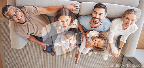 Image of Children, parents and grandparents on sofa with above view and generations of family spending time together. Love, diversity and couple with girl kids, grandma and grandpa relax and smile at home.