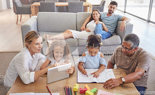 Image of Family, education and grandparents helping kids with development learning schoolwork in drawing book and tablet. Old man and elderly woman teaching children with mother and dad relaxing on home couch