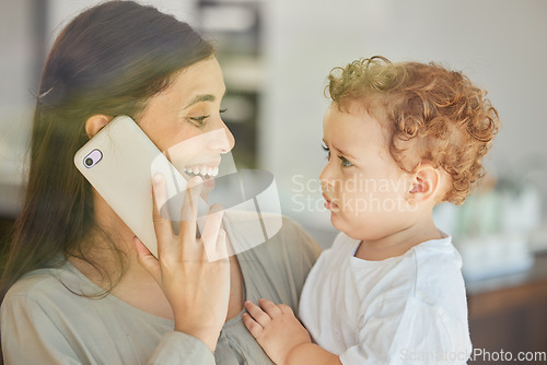 Image of Mother, boy or phone call for medical telehealth consulting support for sick child, son or kid in lockdown. Smile, happy and excited mom on mobile medicine help communication and cheering grumpy baby