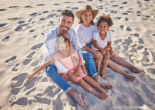 Image of Travel, relax and sand with family at beach for Cancun Mexico vacation for summer, happy and love. Support, smile and portrait of parents and children on holiday for health, wellness and lifestyle
