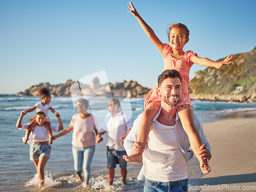 Image of Happy, travel and love with big family at beach for Colombia holiday for summer, relax and support. Sunset, nature and smile with parents, kids and grandparents walking by the sea for vacation