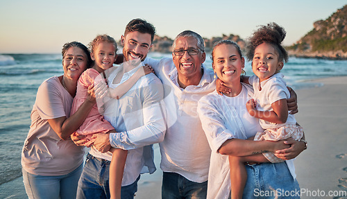 Image of Big family, happy and beach portrait of people with girl children by the sea at sunset. Happiness of a summer vacation with kids spending quality time together on the ocean water waves and sand