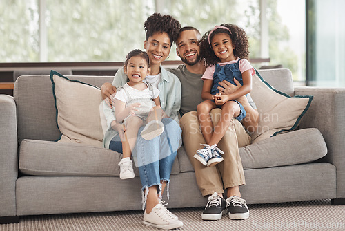 Image of Happy interracial family on sofa portrait of children and parents or mother and father for love, care and support. An immigrant Mexico dad and mom with Asian and african kid together on lounge couch