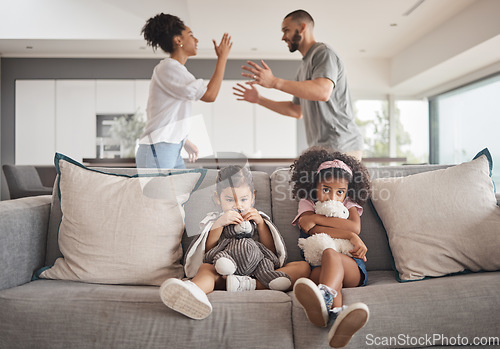 Image of Angry parents, sad kids and divorce couple in living room from problem, family conflict and breakup. Man fight, woman argument and young girl children fear, scared and anxiety from emotional trauma