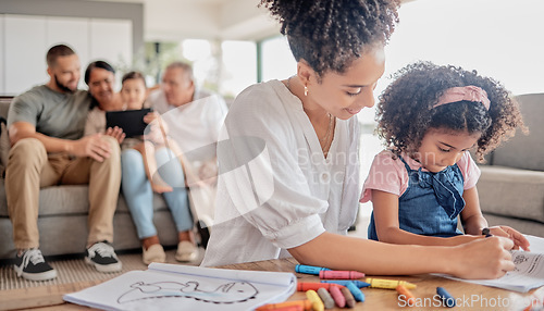 Image of Mother helping child drawing with family, teaching and home education for knowledge or creativity development. Black woman mom and kindergarten girl kid with color crayons and book activity together