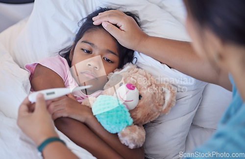 Image of Sick thermometer, child health and mother reading fever, care for girl with covid and check on virus in bed of house. Kid resting with flu while mom takes temperature in bedroom of home with love