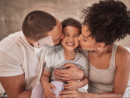 Image of Mother, kiss and father bonding with boy in home, house or hotel bedroom in trust, security and love. Smile, happy or excited son, child and kid with fun, playful face expression or Brazilian parents