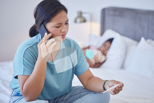 Image of Covid, mother and call in bedroom with phone for communication with doctor for child healthcare. Anxious, worried and stressed Filipino mom on smartphone for advice on thermometer reading.