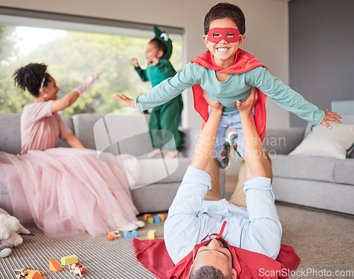 Image of Happy parents and children in costume playing, bonding and having fun together in living room. Happiness, excited and family enjoying fantasy dress up for halloween entertainment with kids at home.